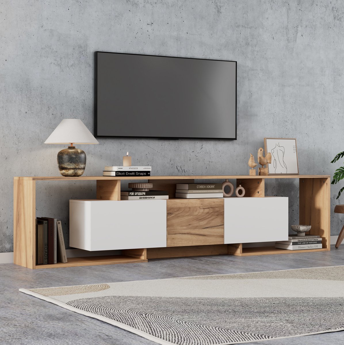 STILVORA Dressoir - TV-Meubel Met 2 Klepdeuren En Open Vakken - Voor Woonkamer En Eethoek - Spaanplaat - 180x30x49 Cm - Wit;Naturel