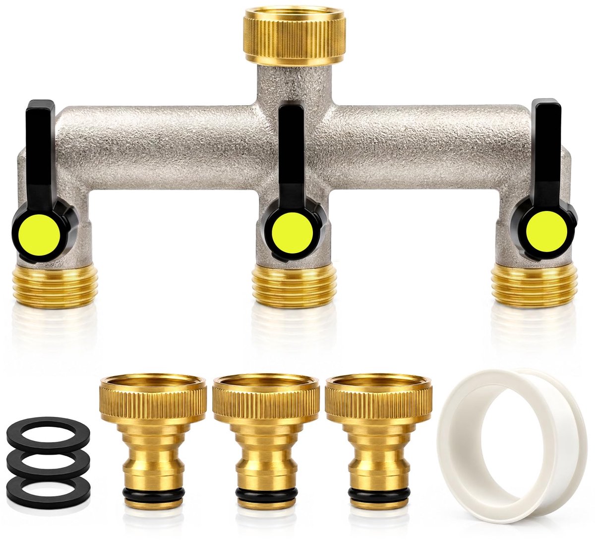 3-weg waterverdeler, verlengde handgreep 3/4 inch adapter, met individuele afsluitkranen, 3 stuks 3/4 inch naar 1/2 inch kraanaansluiting (3-weg verdeler - verlengde handgreep)