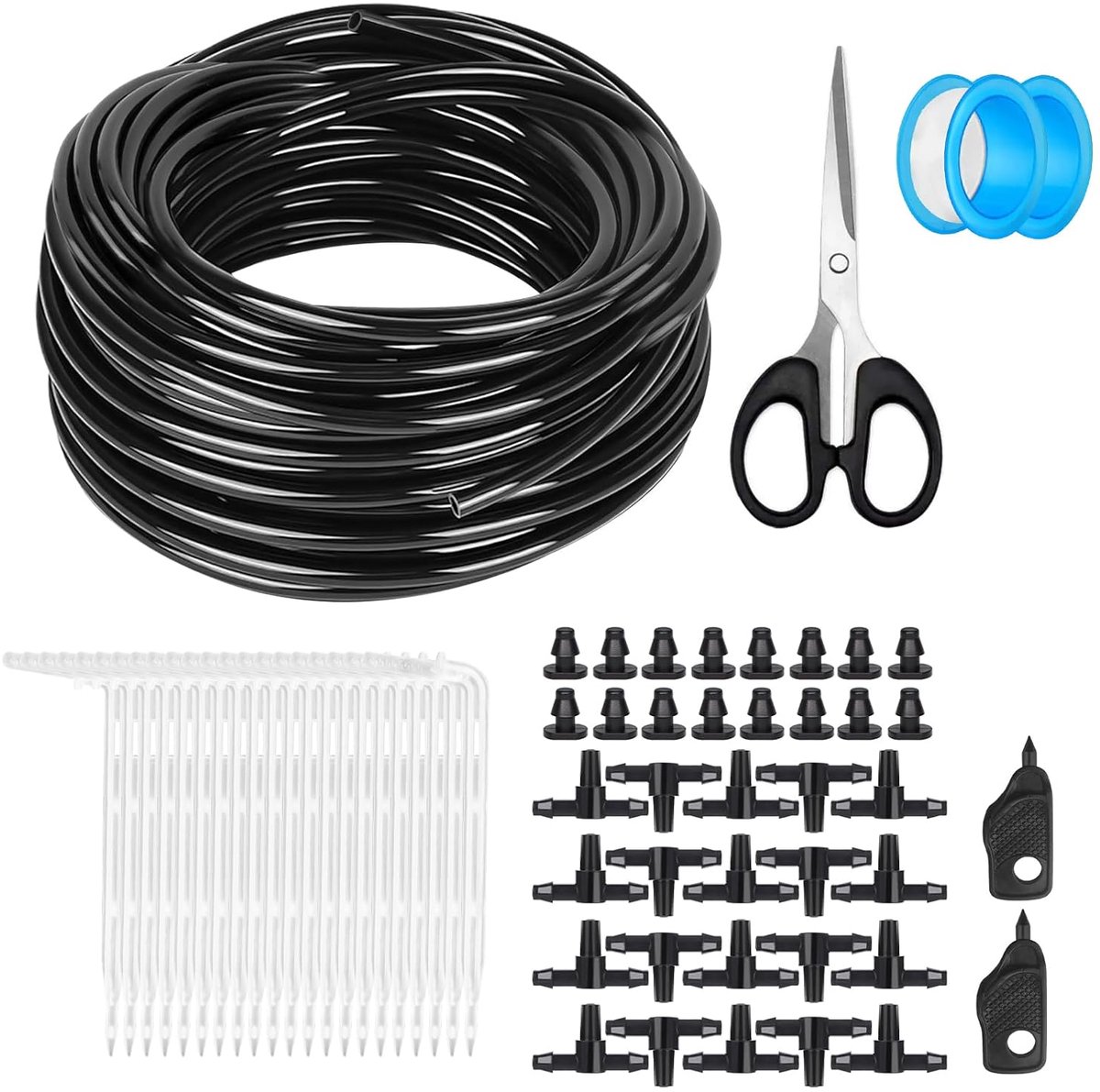 Druppelslang, irrigatieset, 20 m, 4/7 mm, irrigatiesysteem, druppelslang, irrigatieslang, met platte mond, drie hooren, dopblokken, witte pijlen, miniboor, bandrollen, schaar