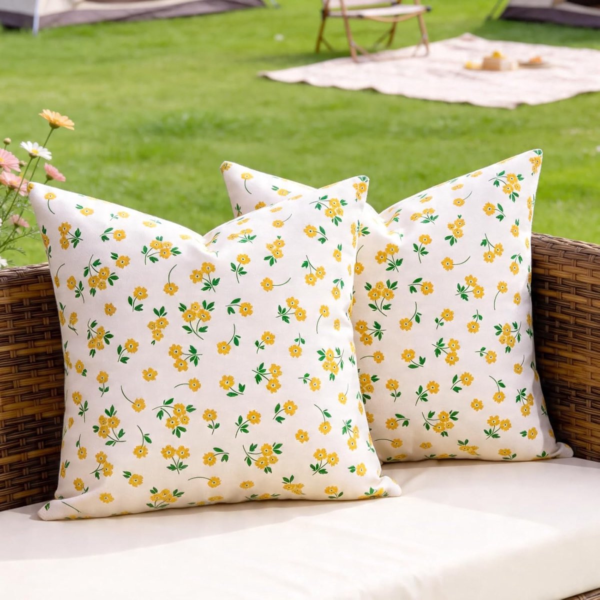 45 x 45 cm, set van 2 kussenslopen voor bank, outdoor, kussensloop, dubbelzijdige print, slaapkamer, woonkamer, geel, bloemen, bladeren, groen, geschikt voor lente, zomer