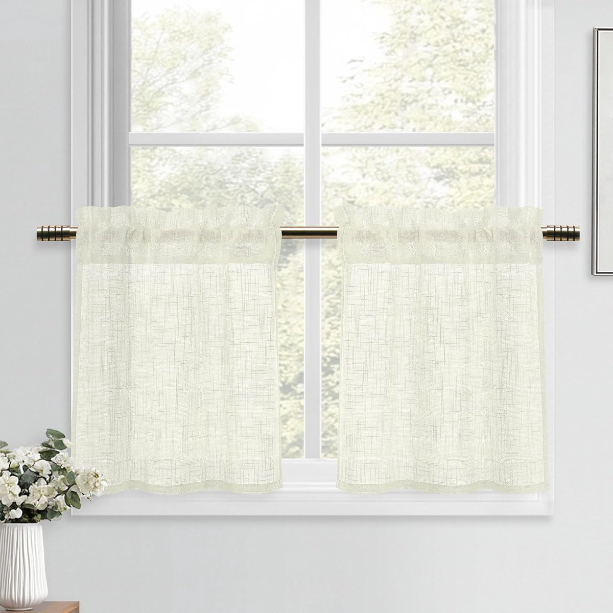 Beige Vitrage, korte gordijnen, linnen, gordijnen, 2 stuks, 45 x 90 cm (h x b), semi-transparant, raamgordijnen, modern, voor keukengordijnen, landhuis, kastgordijn, bistrogordijn, caravans