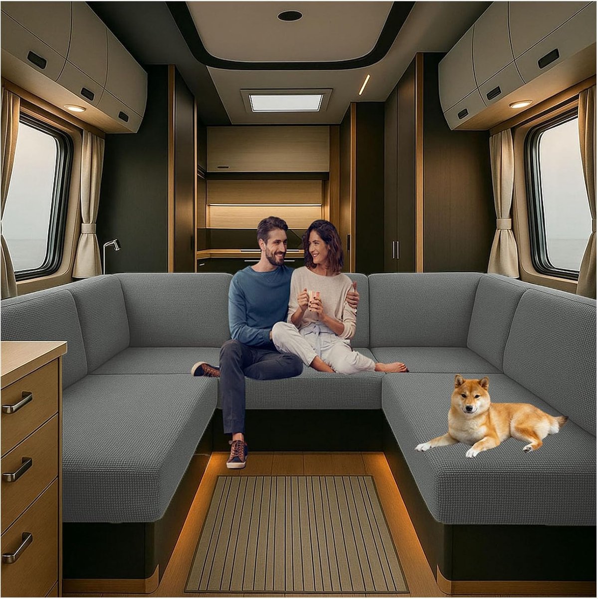 Stoelhoes voor caravan, rekbaar jacquard, huisdiervriendelijk, spatwaterdichte kussenhoezen voor dinette en bankkussens (grijs, B 95-115 cm, D 45-65 cm)