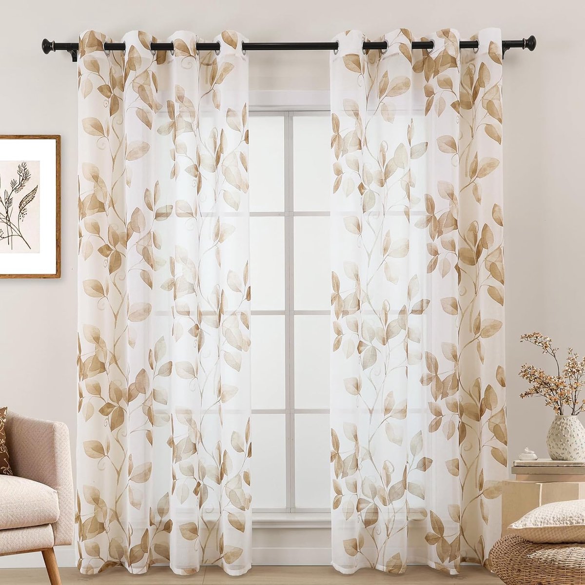 Gordijn taupe bruin voor keuken ramen, linnenlook gordijn zand wit met oogjes korte transparante gordijnen voor woonkamer slaapkamer set van 2 bladeren gordijn met oogjes 145 cm (LZE2253E-BG145)