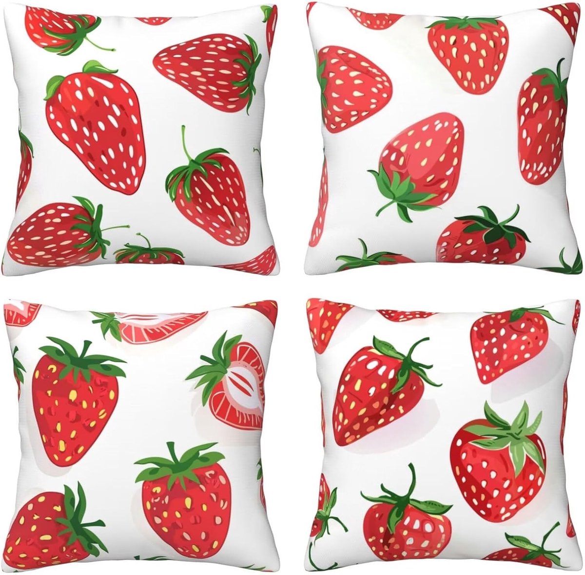 Kussenhoezen, sierkussenhoezen met aardbeien, 65 x 65 cm, behaaglijk, kussenhoes met onzichtbare ritssluiting, zacht, wollig, bankkussen, wasbaar, voor terras, tuin, bank en woonkamer, bank