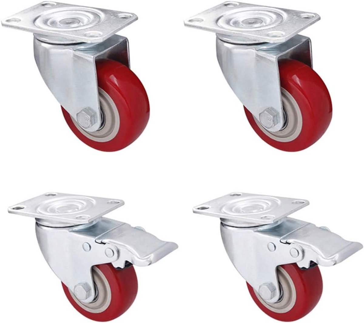 4x Zwaar Uitgevoerde Meubelwielen Met Schroef, Zwenkwielen Met Rem, Plaatwielen, Stil En Soepel, Rood/Zwart, 40/50/75mm