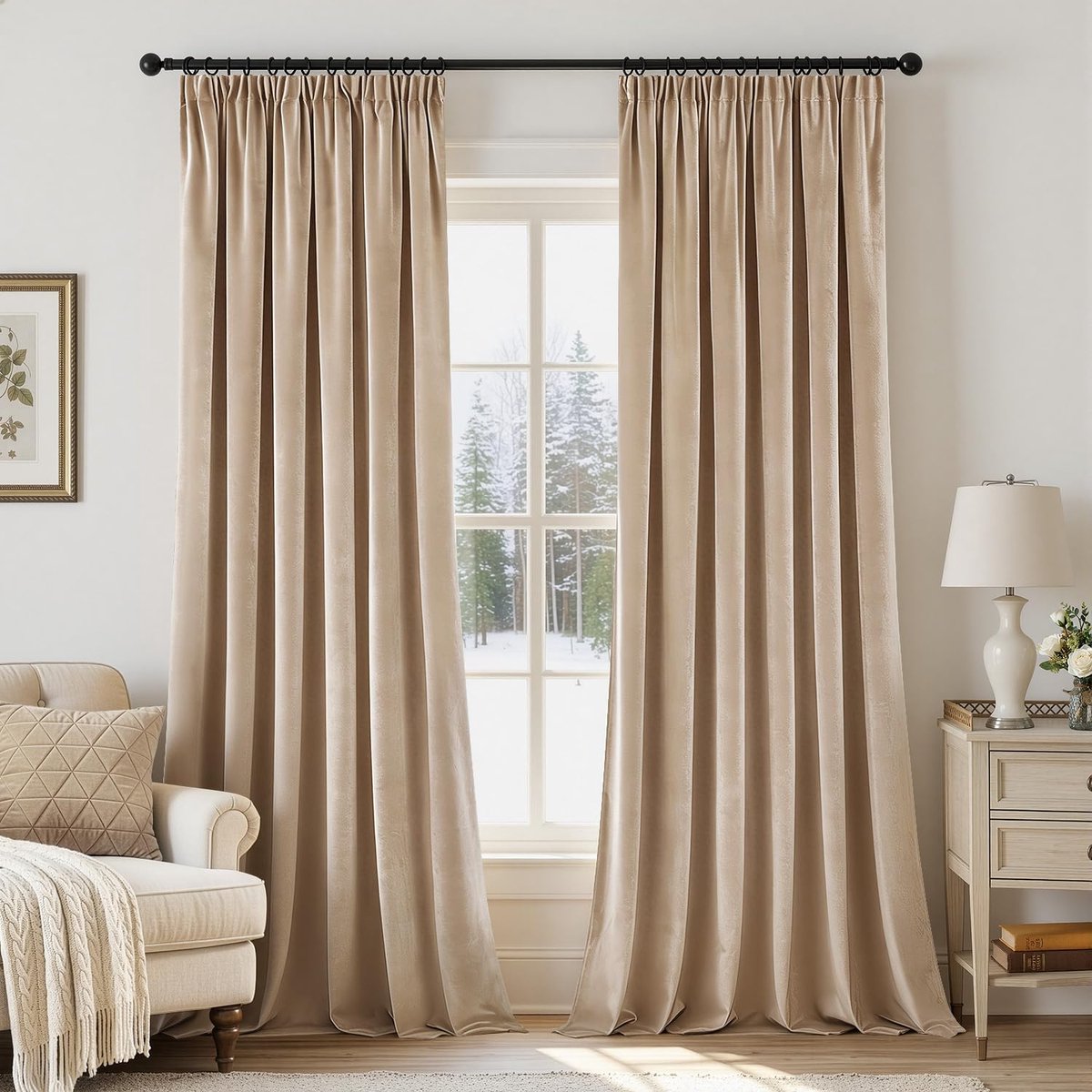 Gordijnen met trekkoord, semi-ondoorzichtig, fluweel, 2 stuks, 140 x 245 cm, moderne gordijnen voor woonkamer en slaapkamer, dik thermisch satijnen gordijn, beige