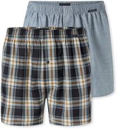 Twee heren boxershorts. Eén met blauwe heidekleur, de ander met een ruitpatroon in zwart, wit, geel en blauw.