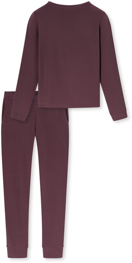 Een donkerpaarse pyjamaset met lange mouwen en broek, van katoen.
