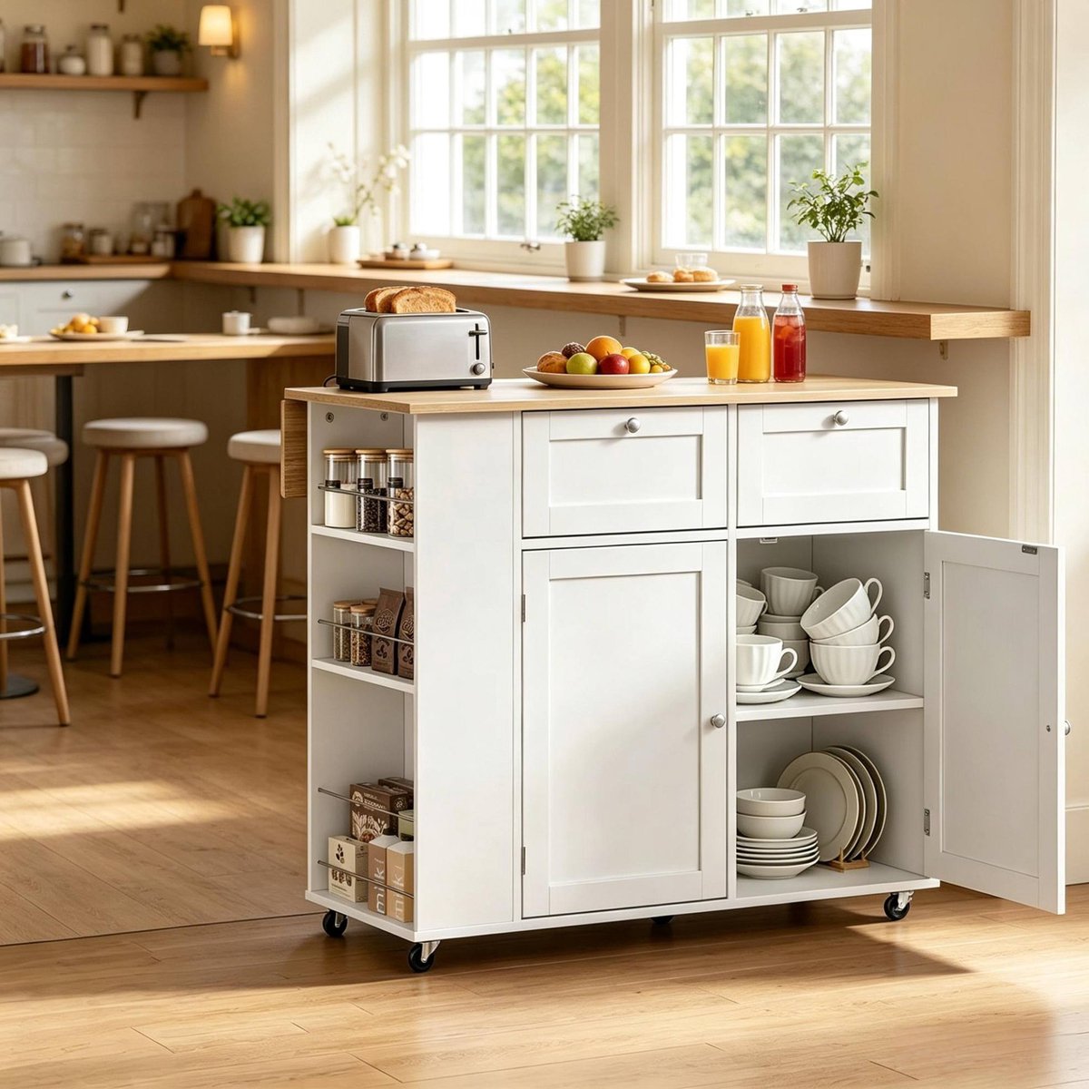 HAUSS SPOLE Keukenkast - Opklapbaar Werkblad En Wielen - Keukeneiland Voor Keuken En Ontbijthoek - Metaal En Spaanplaat - 101x62x86 Cm - Wit Licht Eiken