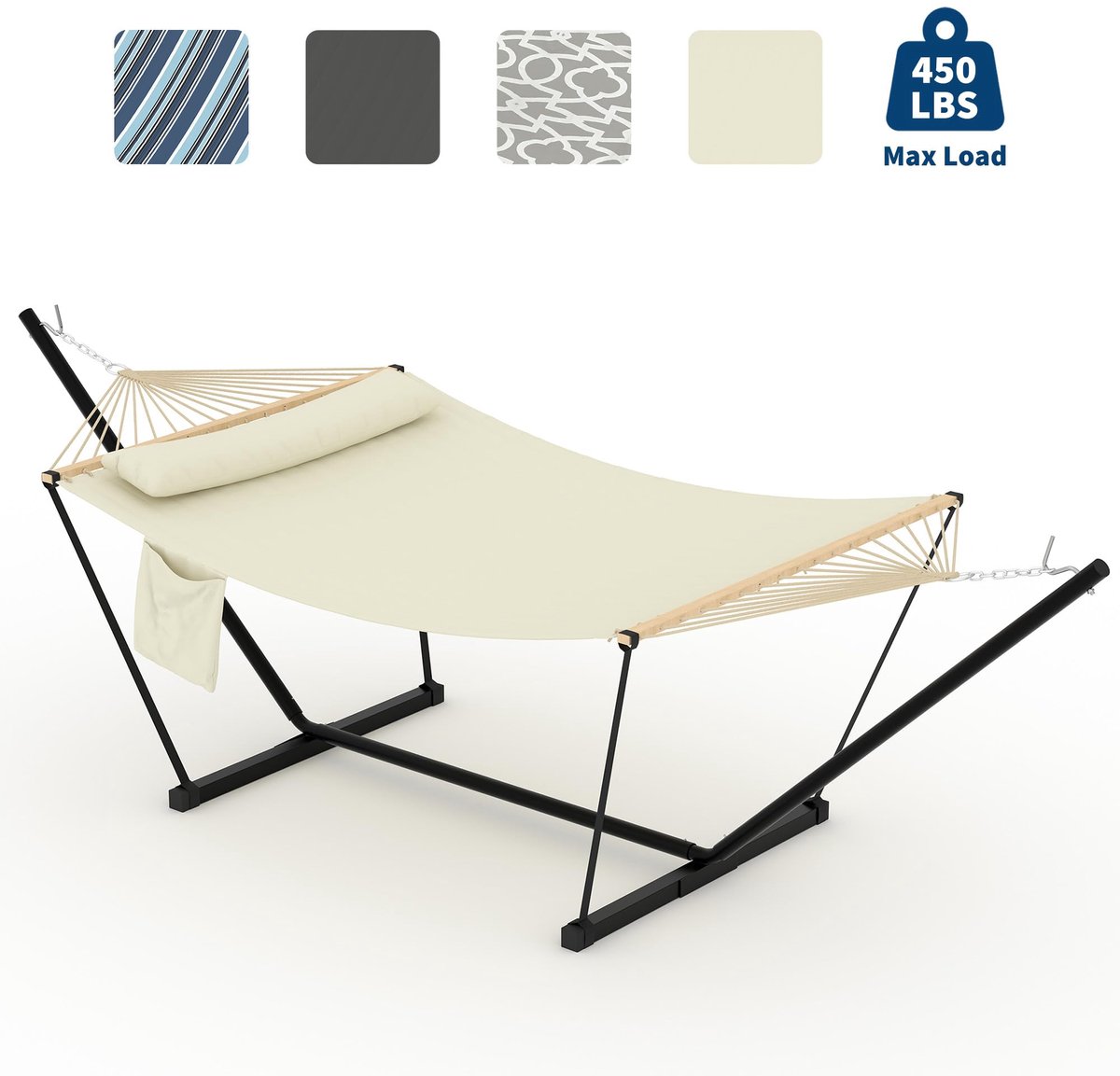 Hangmat Groot met Houten Spreidstok - 2 persoons - Stalen Standaard - Schommelbed - Verstelbare - Afneembaar Kussen - 200kg Draagvermogen - Voor Tuin Terras Strand - Beige
