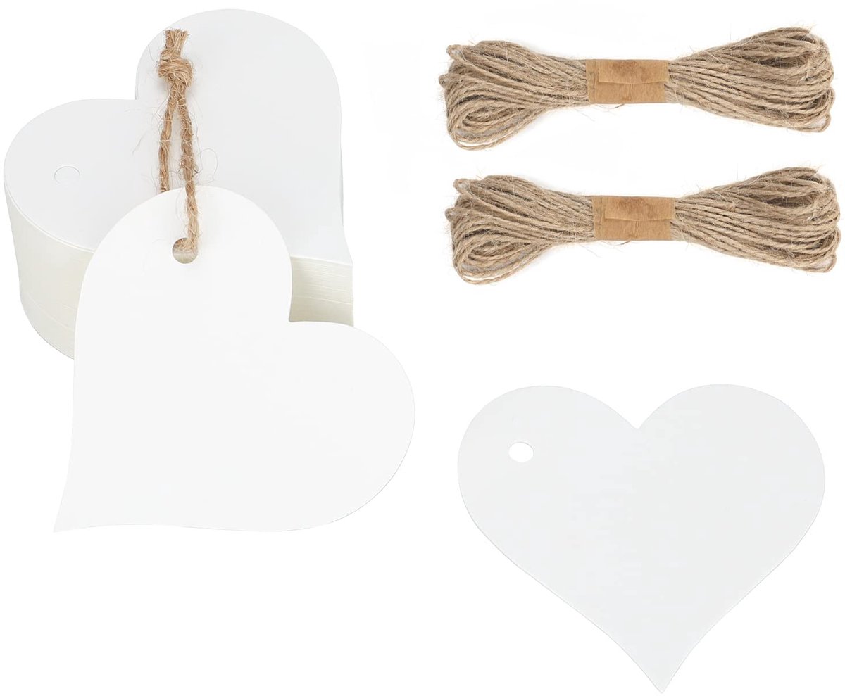 100 stuks hart kraftpapier cadeauhangers, etiketten harthangers met koord voor Valentijnsdag, bruiloft, geschenken, wit