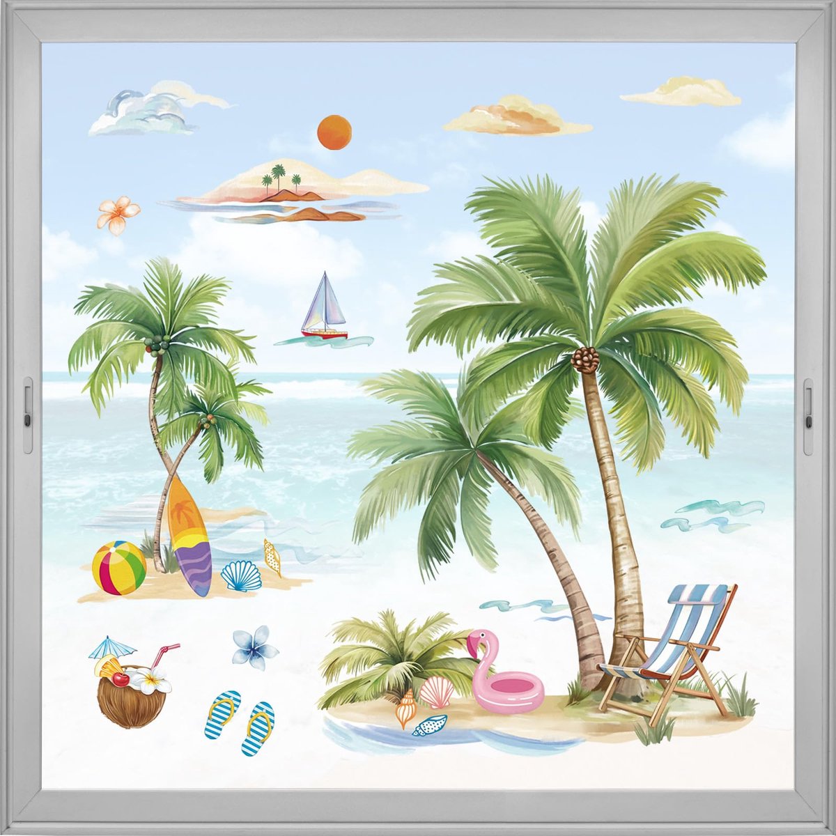 wondever Zomer tropische palmboom raam klampt zwembad strand drankjes slippers glazen sticker sticker anti-botsing dubbelzijdige statische raamstickers voor thuis glazen raam