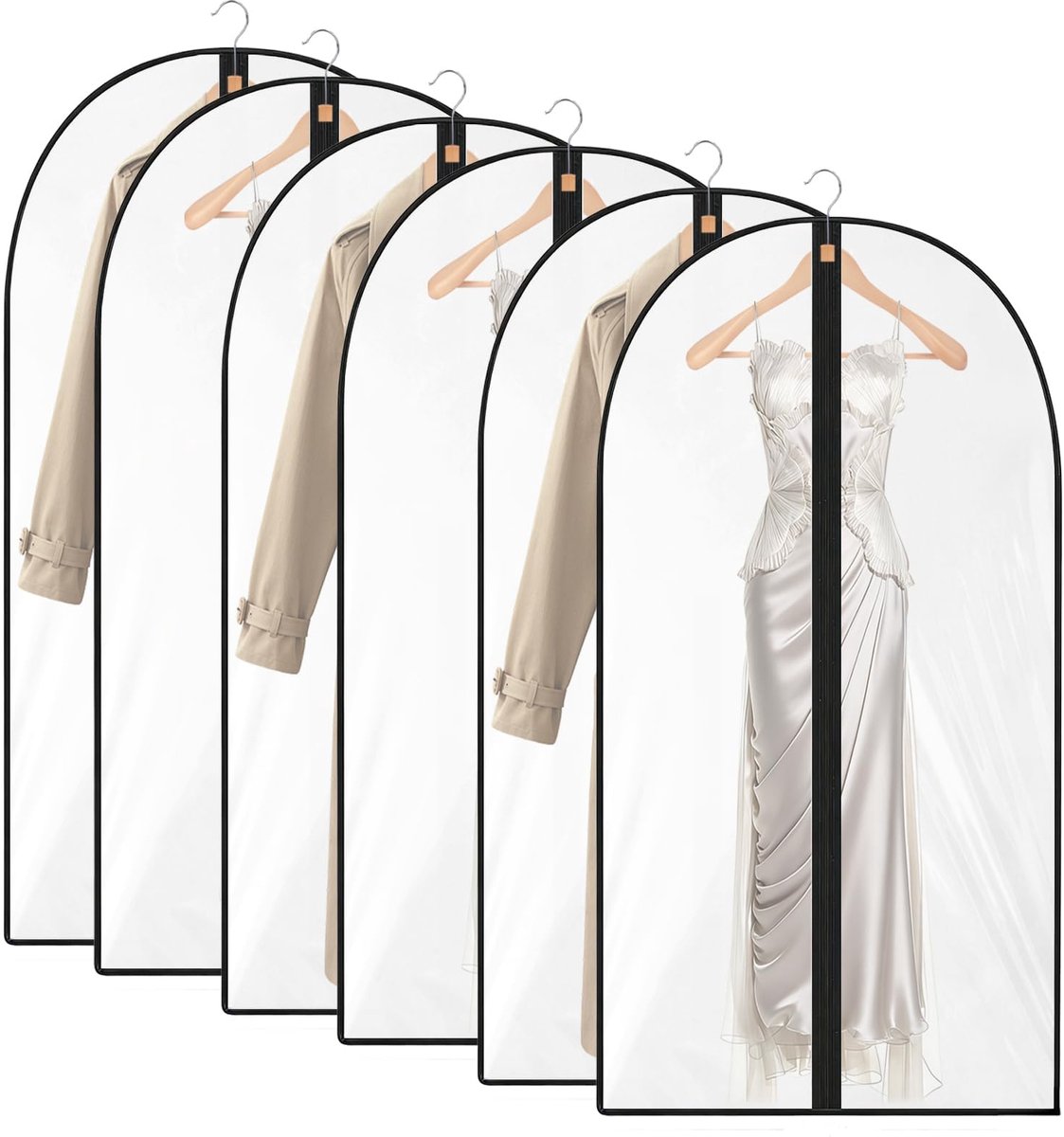 Kledingzak, 6 stuks pak, 60 x 120 cm, transparante kledinghoes met ritssluiting, stofdichte waterdichte kledinghoes voor avondjurken, mantels, overhemden, trenchcoats