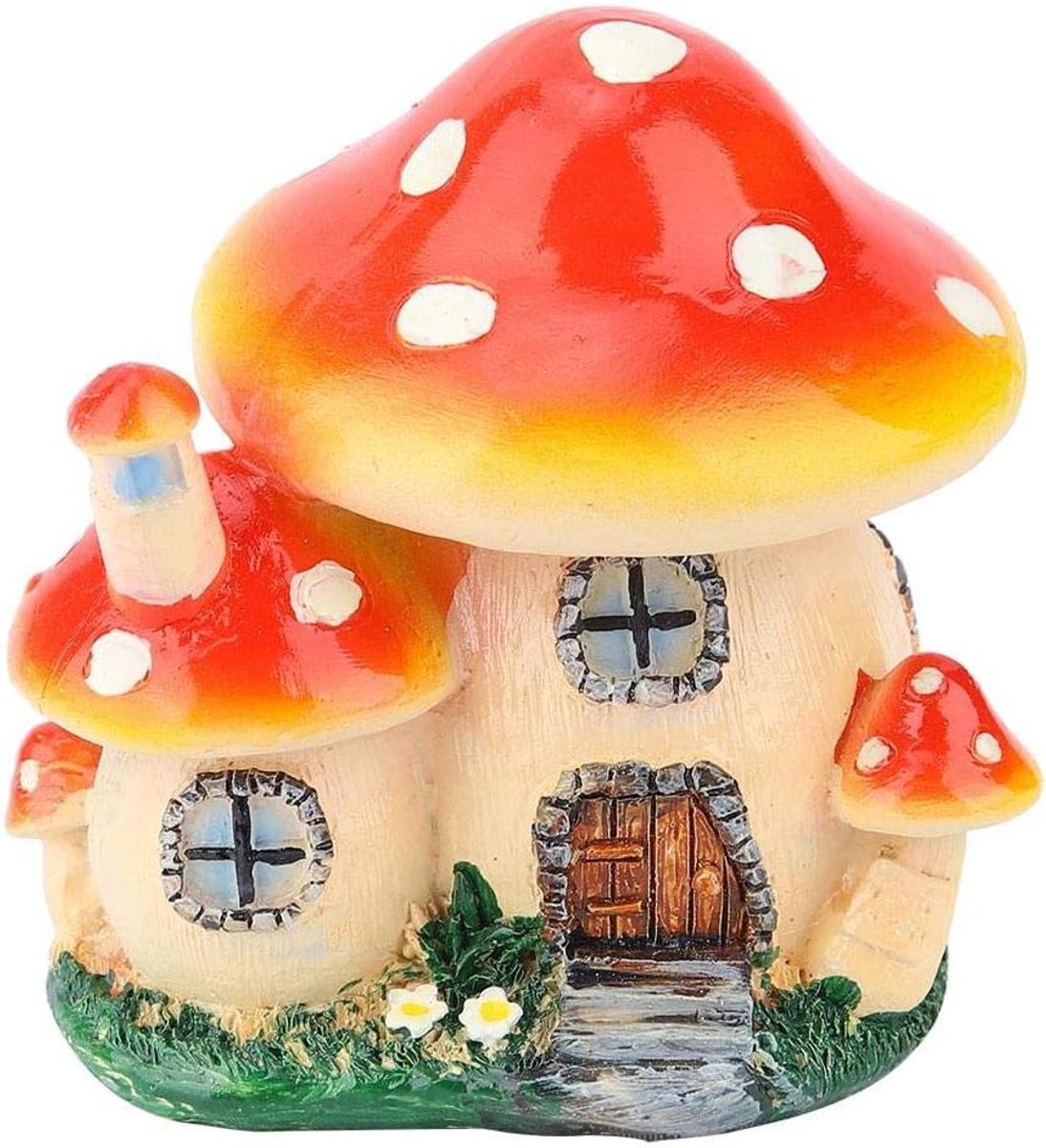 Mushroom Huisje Beeldje - Tuindecoratie Elfenhuisje - Miniatuur Tuin Decoreren - Handgeschilderd Gedetailleerd - 9.5 cm Hoog - Kleurrijk