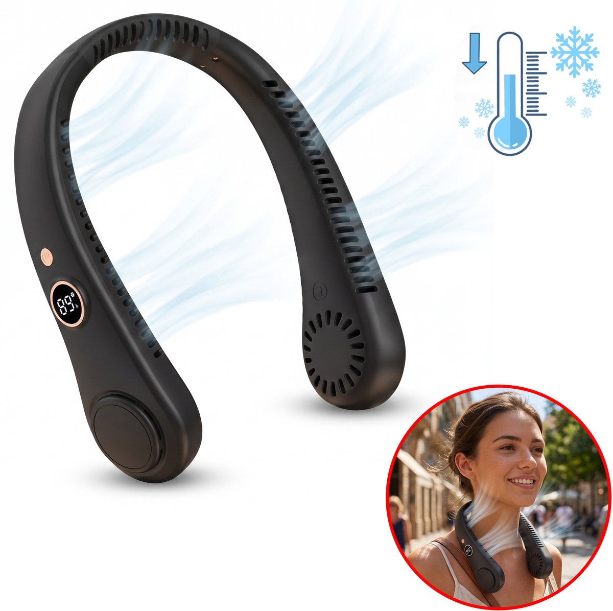 Best Active Nekventilator Draadloos - Handsfree Ventilator Oplaadbaar - 360° Verkoeling met LED Display - 5 Standen - Draagbare Nek Ventilator - Zwart