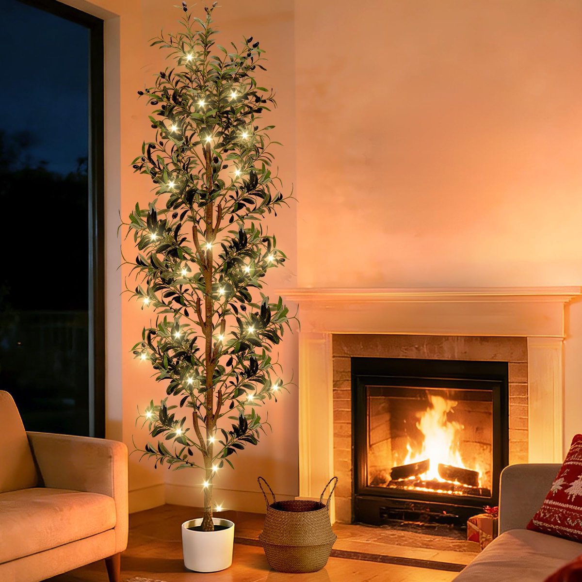Kunstmatige olijfboom 2,1 meter - Grote nep-olijfboom voor binnen met witte plantenbak, mand en verlichting, hoge nep-olijfboom van zijde met takken en vruchten voor kerstdecoratie, huis en ka
