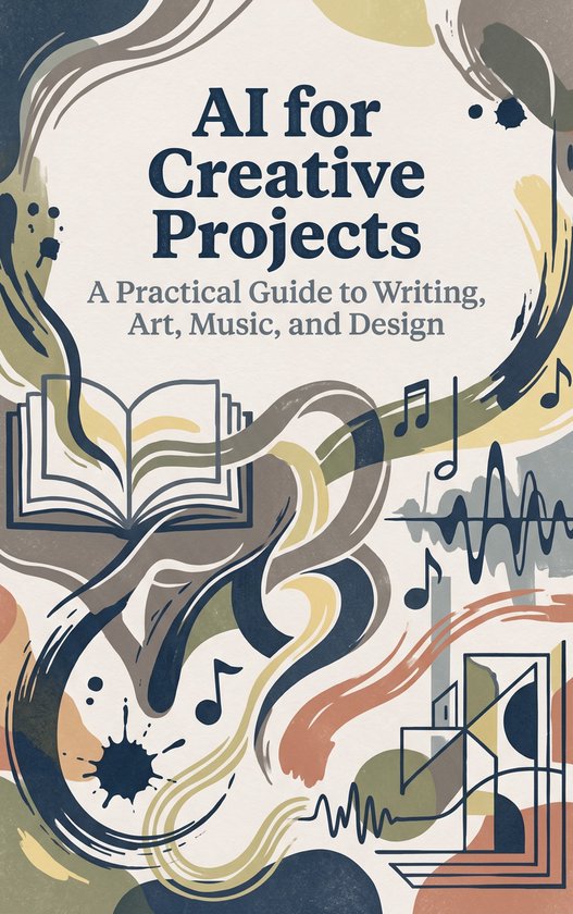 Boekomslag "AI for Creative Projects". Met een open boek, muzieknoten en abstracte vormen.