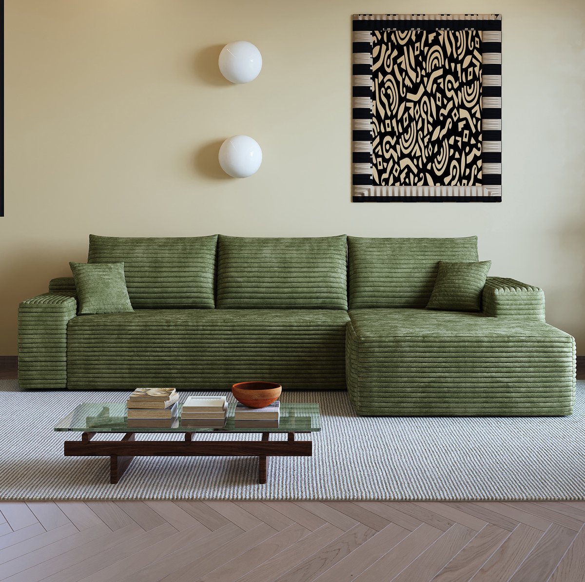 FloraGrace Hoekbank 270 cm - 3-Zits Modulaire Bank Met Omkeerbare L-Vormige Chaiselongue En Diepe Zitting - Woonkamer Corduroy Groen