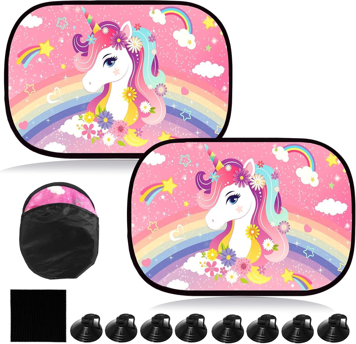 Zonwering voor baby's, 2 stuks, eenhoorn, uv-bescherming, zonwerende folie, zelfklevende zonneklep, universele zijruit, zonwering, auto, schattig cartoondesign voor kinderen en huisdieren