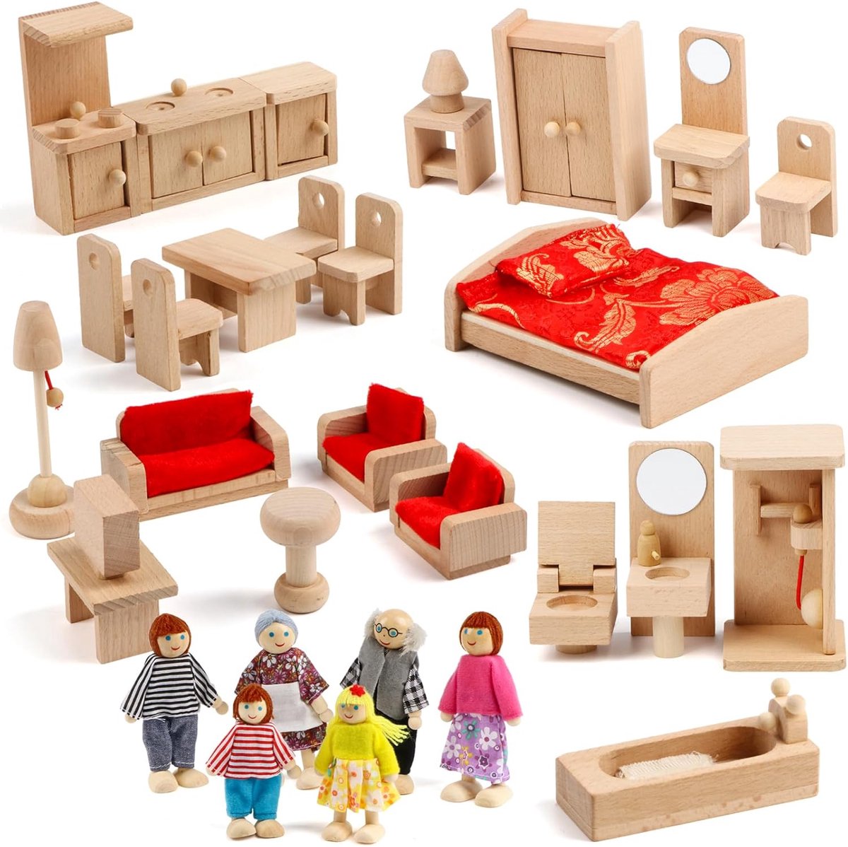 Meubels Accessoires met een familie van 6 poppen Decoratie Pretend Play Speelgoed voor meisjes jongens