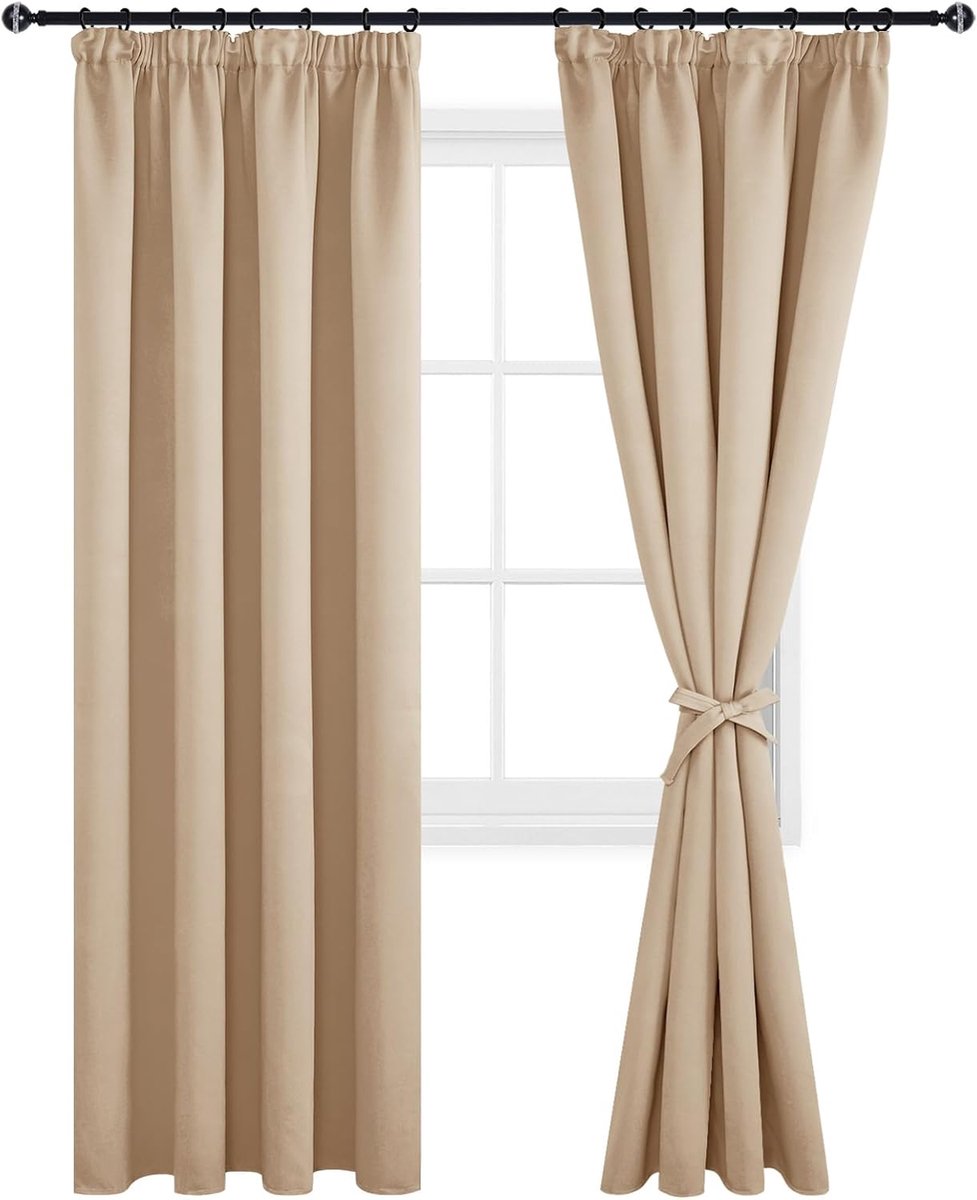Verduisteringsgordijnen Plooiband met Riemen, Kant en Klaar, 140x260 cm (B x H), Gordijn Warmte-isolerend Gordijnen voor Slaapkamer, Woonkamer, Beige, 2 stuks