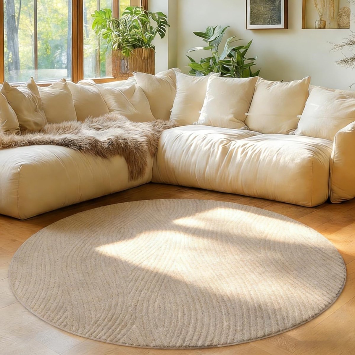 Vloerkleed, rond, beige, 160 cm, modern rond tapijt, woonkamer, slaapkamer, antislip, 3D-effect, laagpolig, voor eetkamer, kinderkamer
