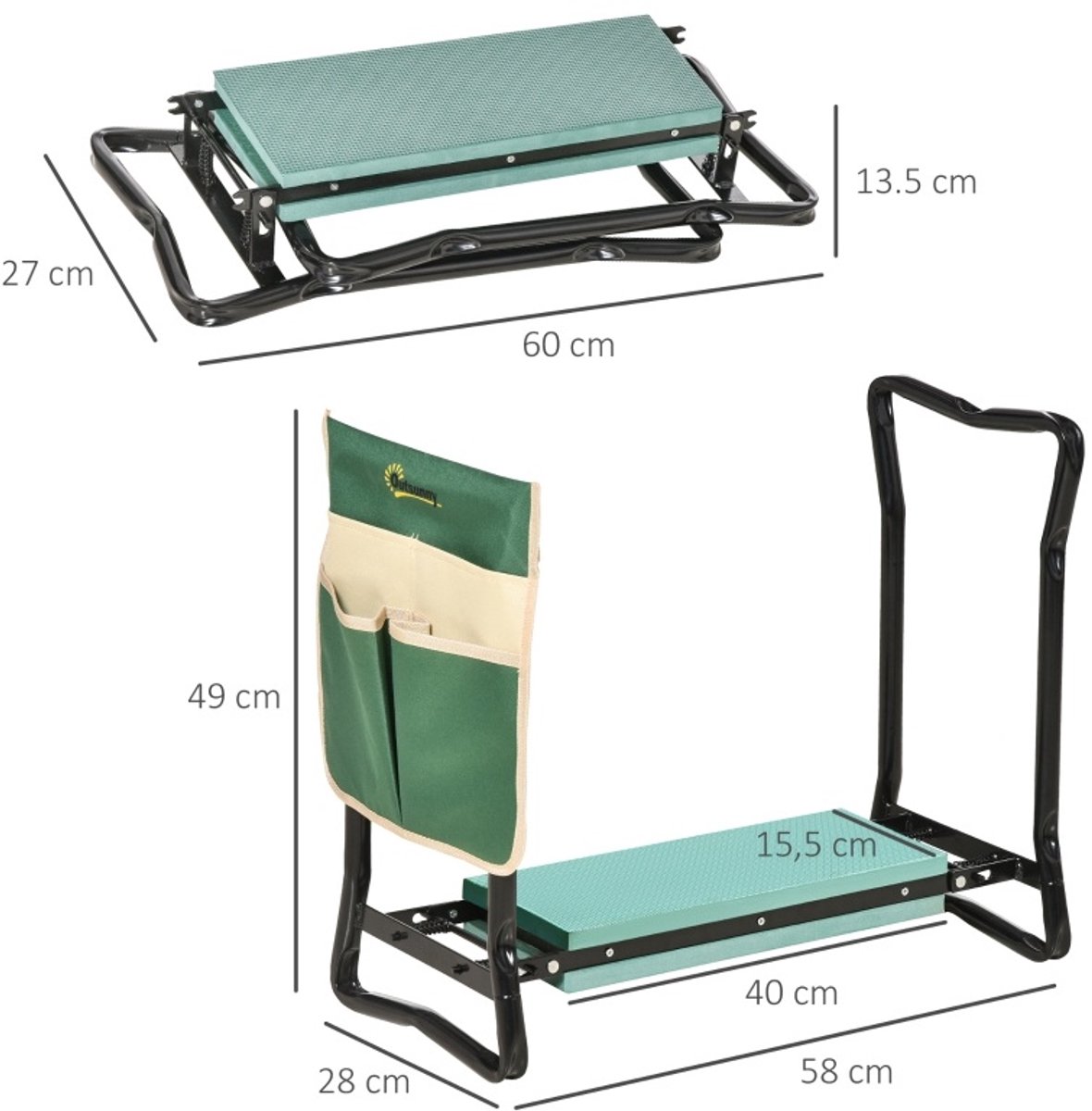 MEUNIQ 2-in-1 kniebank en inklapbare tuinbank 58 x 28 x 49 cm met gereedschapstas, stalen frame, schuimkussens en draagvermogen 150 kg voor tuinwerk Groen