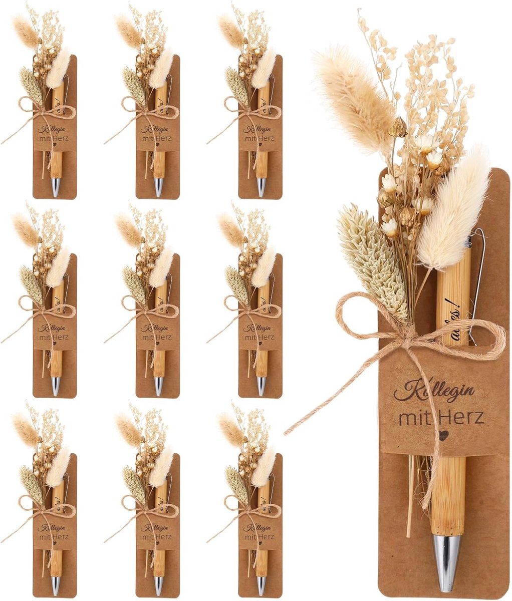 Set van 10 gepersonaliseerde houten balpennen met gravure en gedroogde bloemen, uniek afscheidscadeau voor leraar, collega's of vrienden, perfect voor bruiloften en speciale gelegenheden