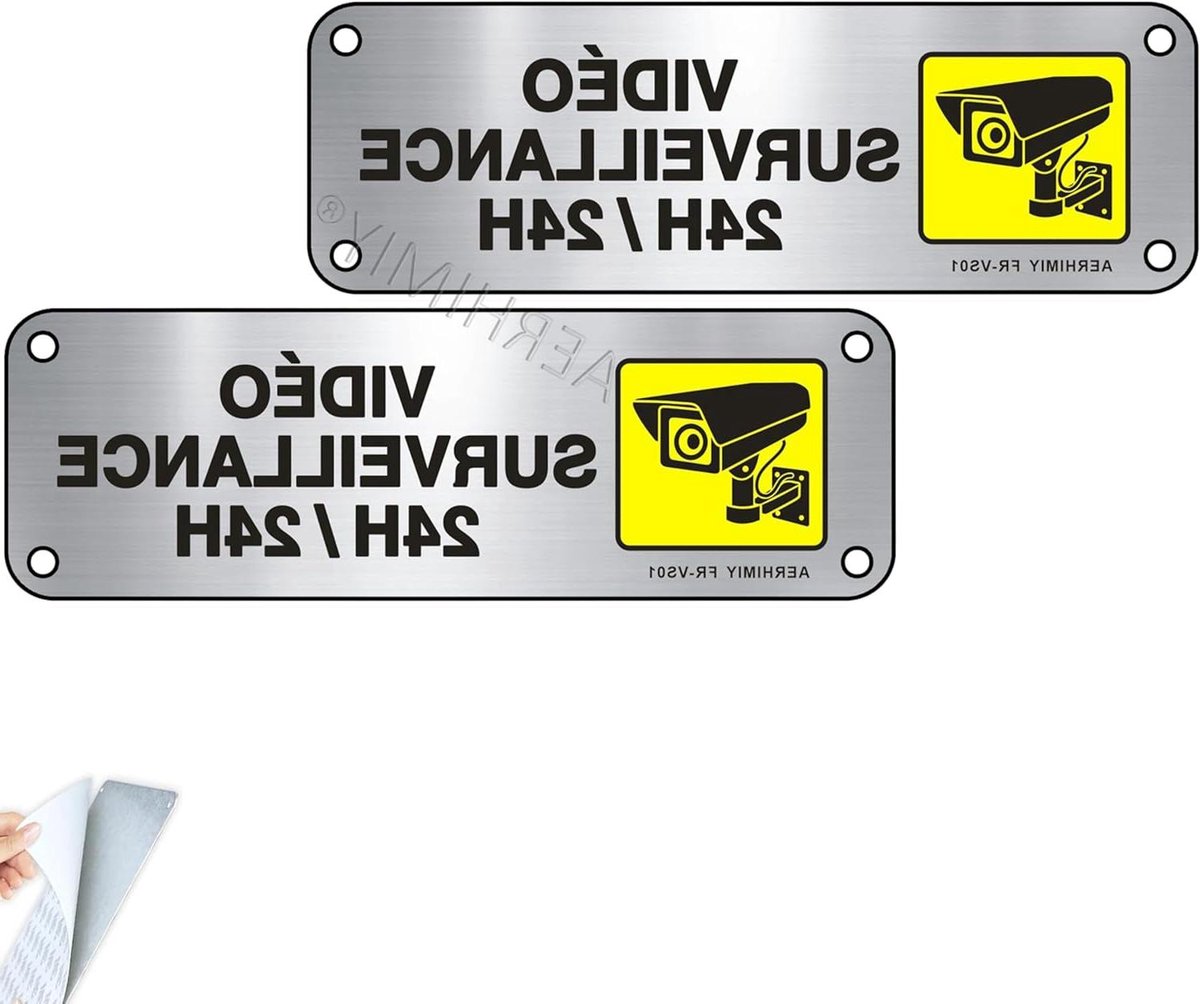 Bewakingsbord - Camerabewaking Signaal - Veiligheid Aangeven - Zelfklevend Aluminium - 15 x 5 cm - Aluminium Brossé