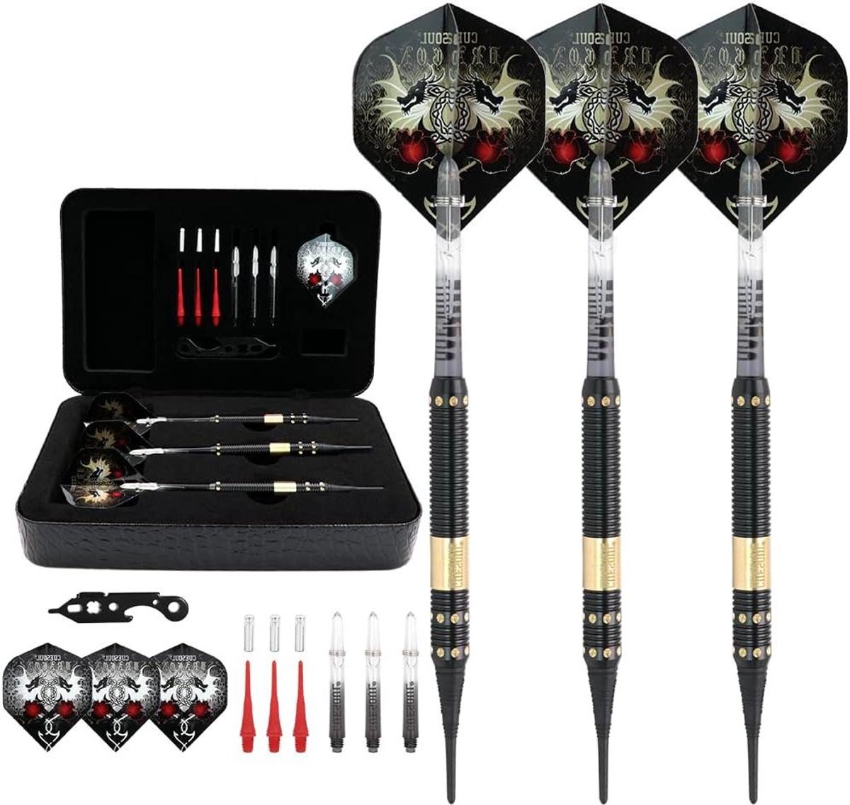 Zachte Dartpijlen Set - Dartpijlen met Zachte Punt - Darts Spelen - Messing Vaten Met Design - 16 gram - Zwart