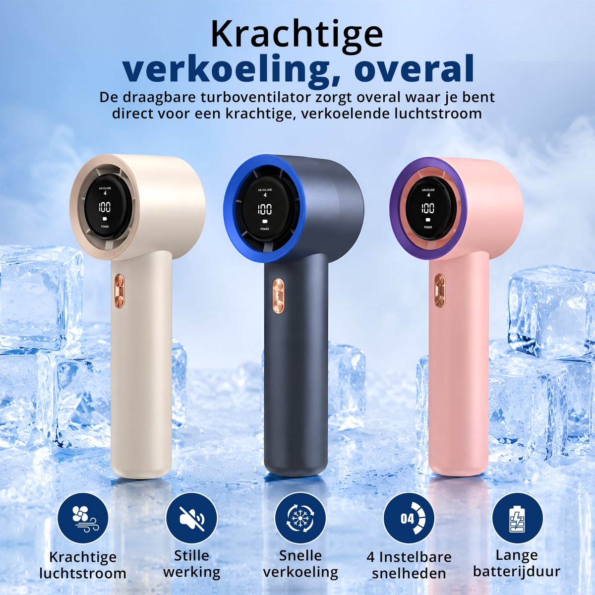 Mini Ventilator Draagbaar – Handventilator met IJs Koeling – Oplaadbaar USB – Stil & Krachtig – Standen – Compacte Zakventilator voor Reizen, Festival, Kantoor & Thuis — afbeelding 2