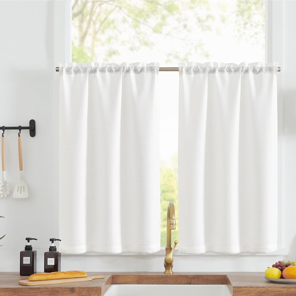 Vitrage keuken, wit, bistrogordijn met trekkoord, moderne gordijnen, kort, lichtdoorlatend, linnenlook, keukengordijnen voor kleine ramen, camper, keukenraam, set van 2, 45 x 90 cm (h x b)