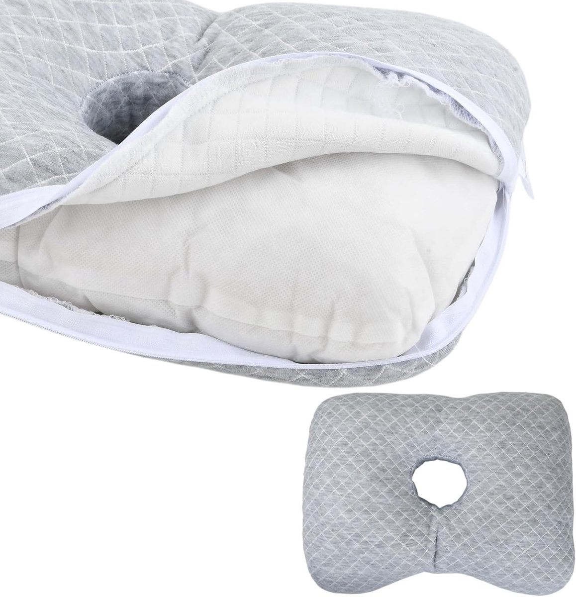 Comfortabel Piercingkussen met 8 cm Opening en Afneembare Hoes voor Zijslapers – Vermindert Oorpijn, Ontstekingen en Drukplekken, Ademend en Ondersteunend (lichtgrijs)