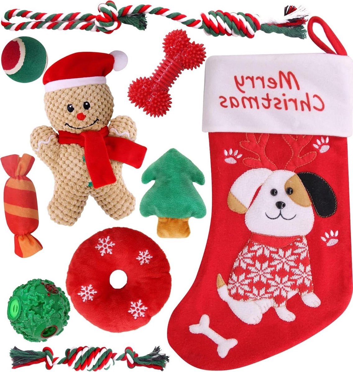 Kerst Hond Speelgoed - Honden Cadeauset - Feestelijke Spelletjes - 9 Delige Set - Diverse Stuks - Multicolor