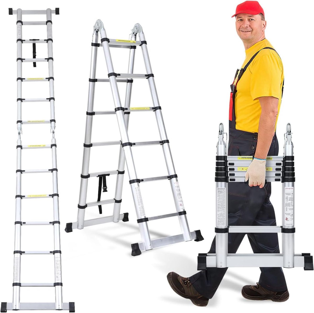 Telescopische Ladder - Klapladder - Werkzaamheden Binnen Buiten - Automatisch Vergrendelende Sporten - 3.8 Meter - Aluminiumkleurig