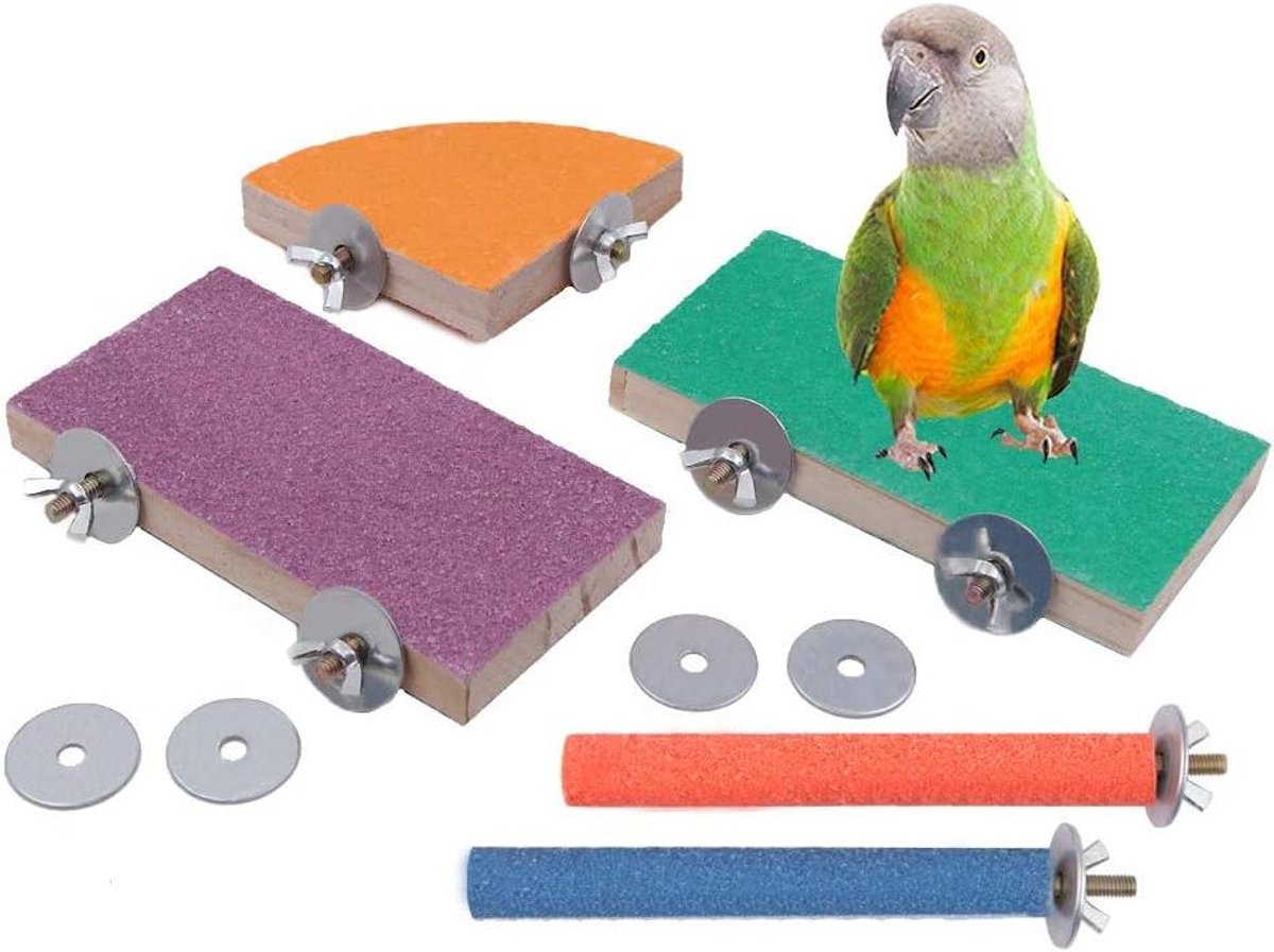 Vogelzitstokken Set - Houten Vogelstokken - Vogel Welzijn - Natuurlijk Hout Kwartszand - 5 Stuks - Multicolor