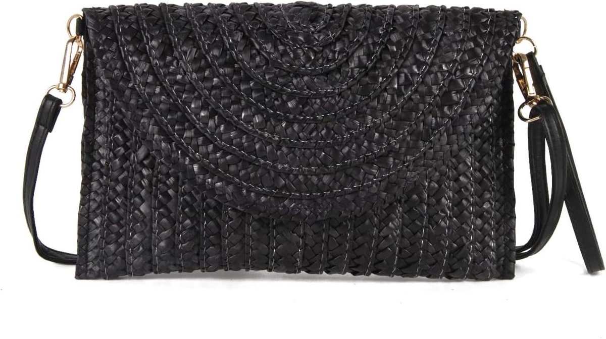 Dames Stro Clutch - Zomer Handtas - Strandfeestjes - Verwijderbare Ketting - One Size - Zwart