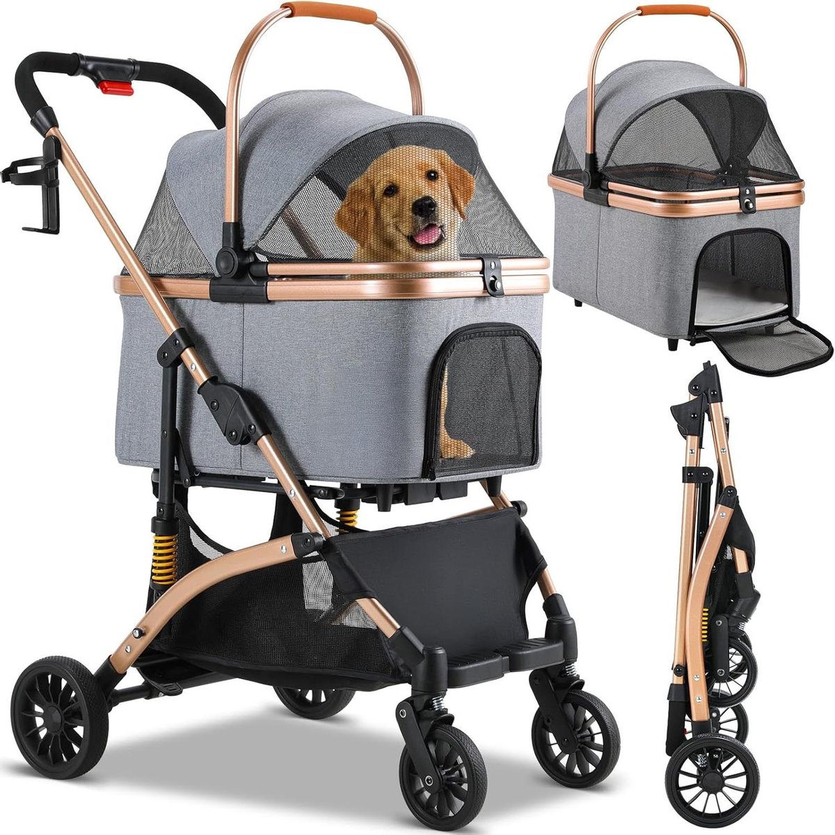 Dierenkinderwagen - Hondenbuggy - Comfortabel Reizen - 3-in-1 Functie - Tot 20 kg - Donkergrijs