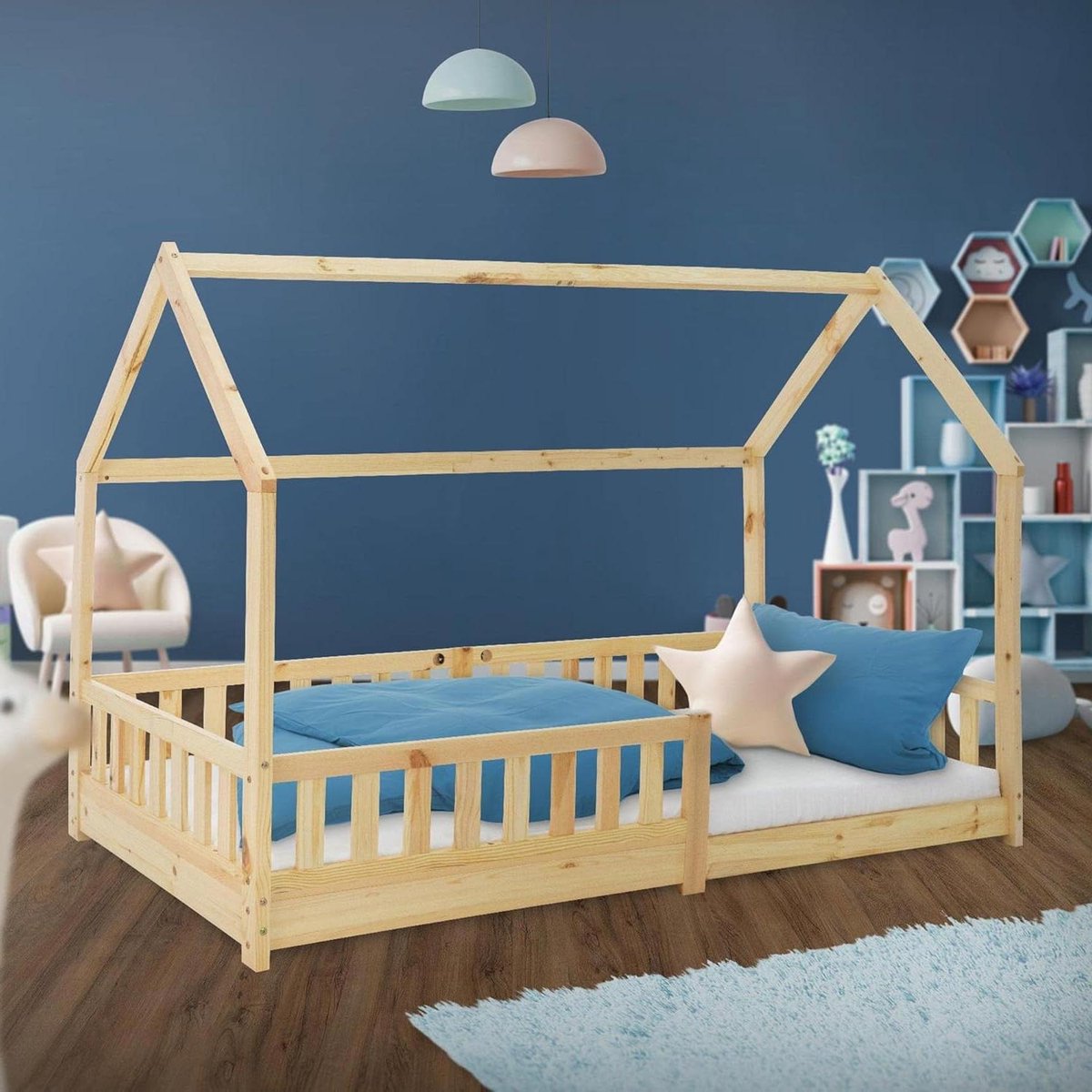Kinderbed Huisje - Houten Bed - Dromen en Spelen - Met Uitvalbeveiliging - 90x200 cm - Naturel