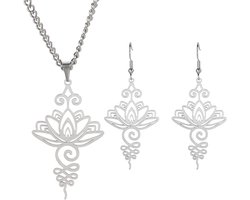 Lotus Bloem Hanger Ketting Roestvrij Staal Unalome Lotus Ketting Choker Chakra Symbool Geometrie Hindoe Lotus Hanger Spirituele Sieraden Cadeau voor Mannen Vrouwen (Zilver-Set)