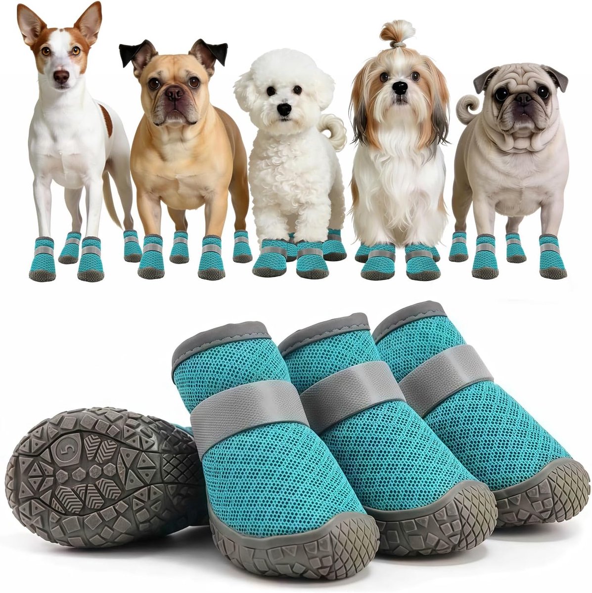 (4 stuks), Lichte Netbeschermers voor XS-Honden tot 12kg, Verstelbare Antislip Schoentjes voor Wandelen & Gewonde Pootjes (Blauw)