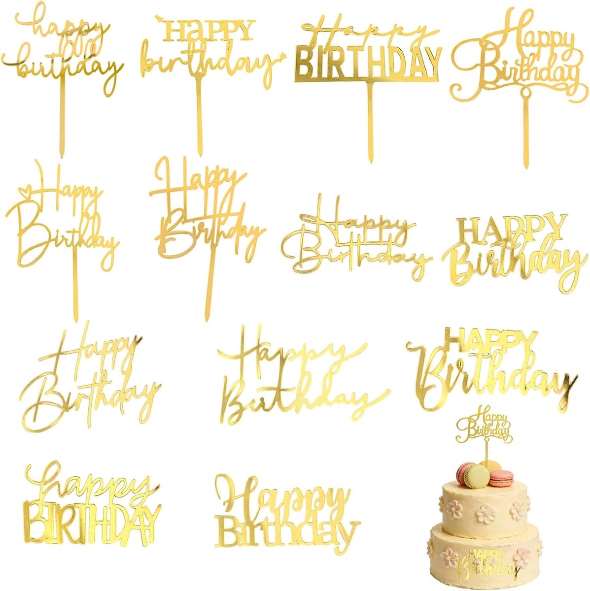 13 stuks Happy Birthday taarttoppers Happy Birthday taartdecoratie goud verjaardag cakes toppers voor verjaardagsfeestje