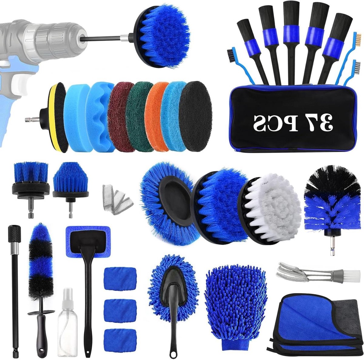 Auto Poets Set - Reinigingsborstels - Auto Onderhoud - Compleet 26-Delig - 17 Inch Lange Greep - Multicolor