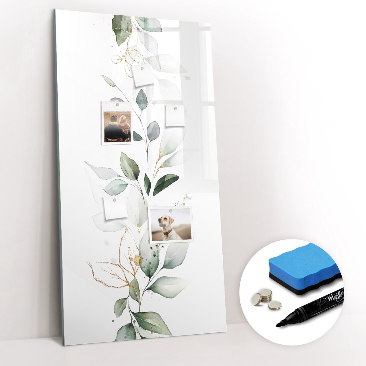 Tulup Whitebord - Aquarel plantenscheutbladeren - 60 x 120 cm - Wit Magneetbord Keuken - Gratis 5 Sterke Magneten + Whiteboard Marker & Wisser - Design Memobord - Magneetbord Design - Inspiratiebord Kantoor