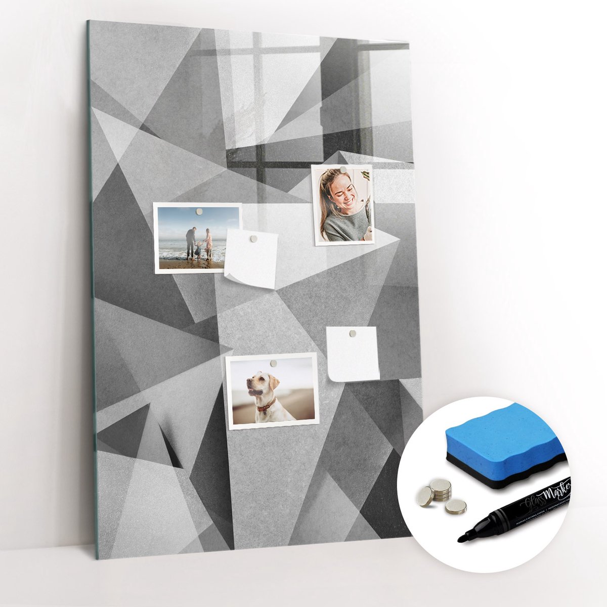 Tulup Whitebord - Abstracte geometrische vormen - 60 x 90 cm - Grijs Magnetisch Wandbord - Gratis 5 Sterke Magneten + Whiteboard Marker & Wisser - Organizer Muur - Magnet Board - Organiseer Je Bureau