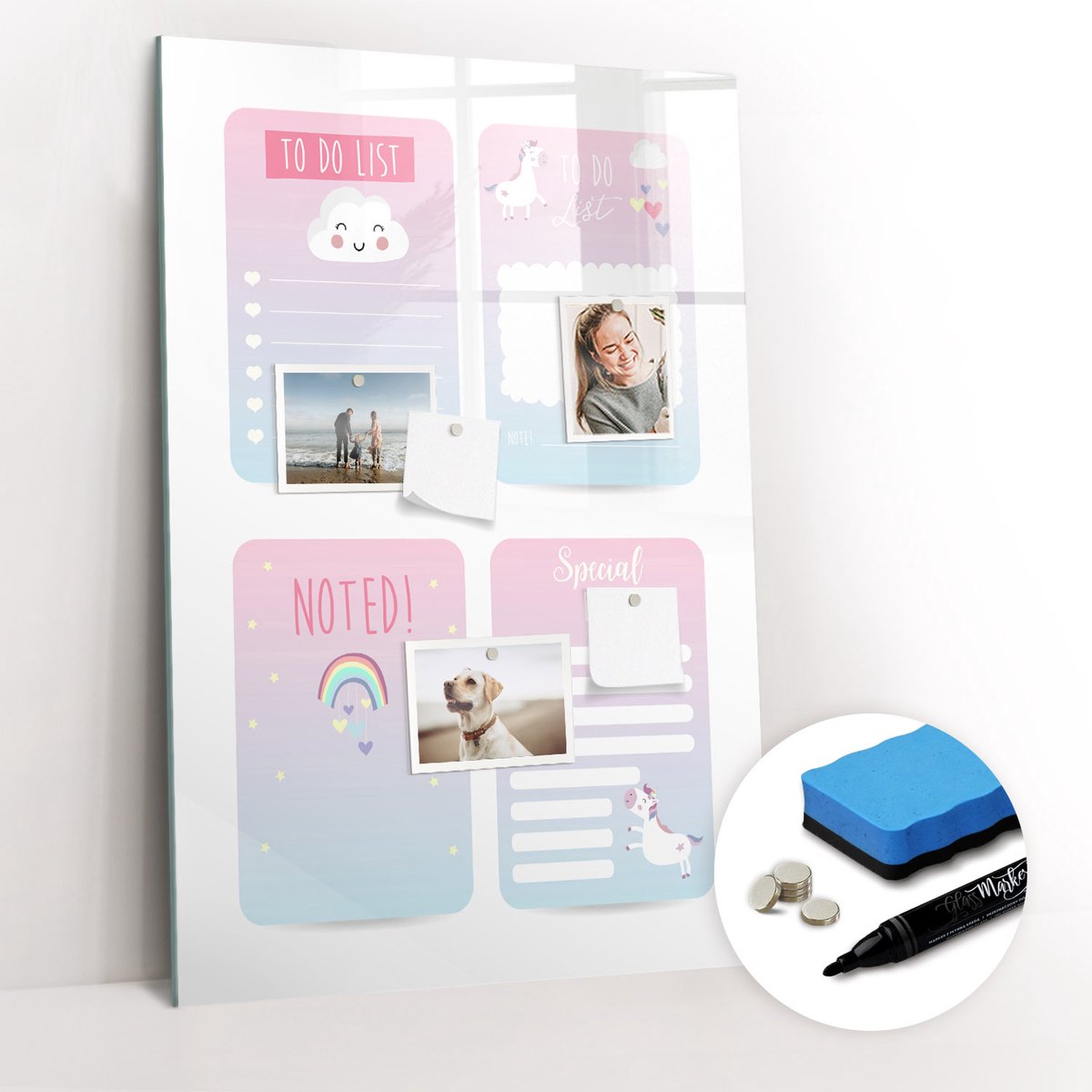 Tulup Whitebord - Eenhoorn planner - 60 x 90 cm - Veelkleurig Memobord Magnetisch - Gratis 5 Sterke Magneten + Whiteboard Marker & Wisser - Minimalistisch Prikbord - Magneetbord Muur - Organiseer Je Bureau
