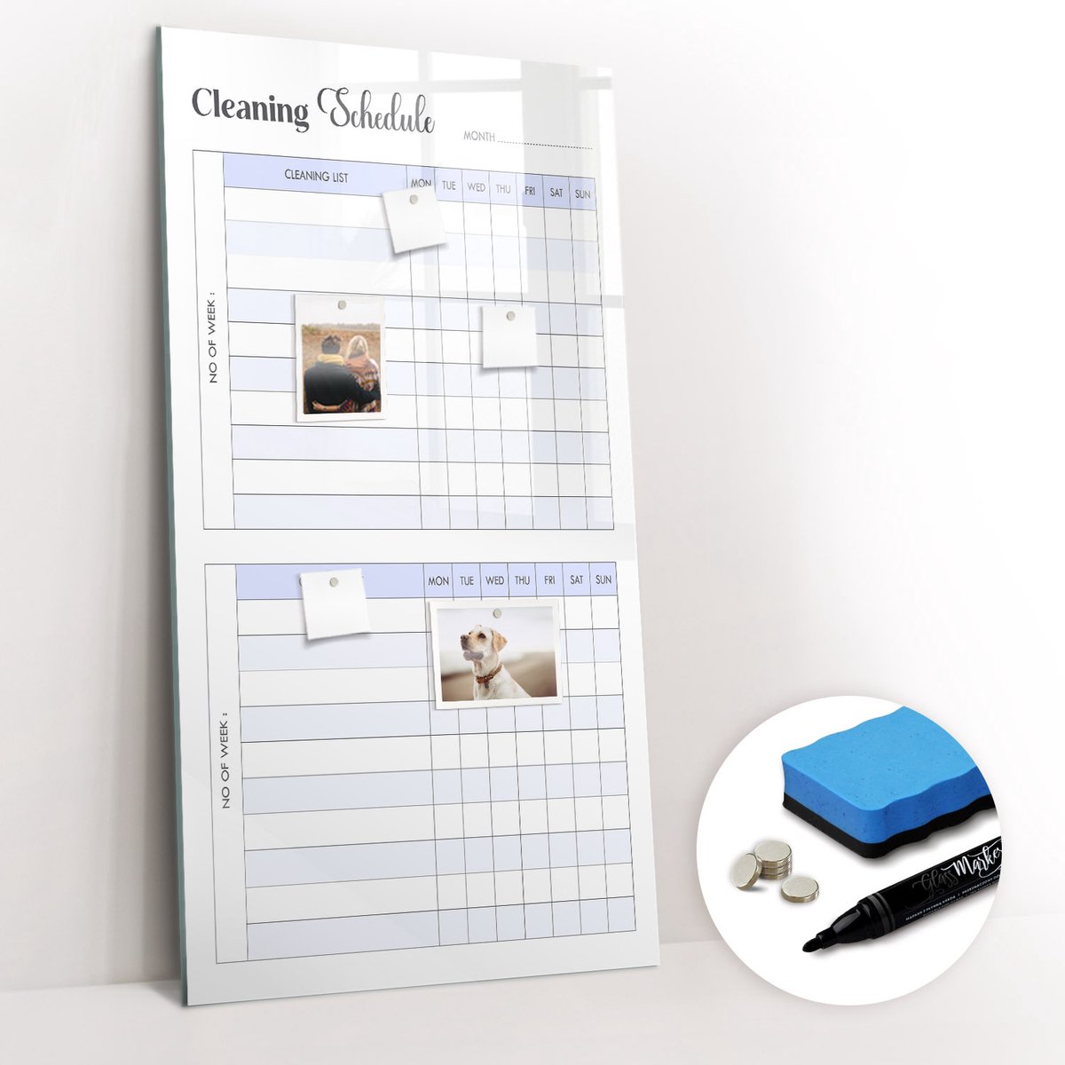 Tulup Whitebord - Schoonmaakschema - 60 x 120 cm - Blauw Memo Bord - Gratis 5 Sterke Magneten + Whiteboard Marker & Wisser - Stylish Memo Board - Memo Bord - Organiseer Je Bureau
