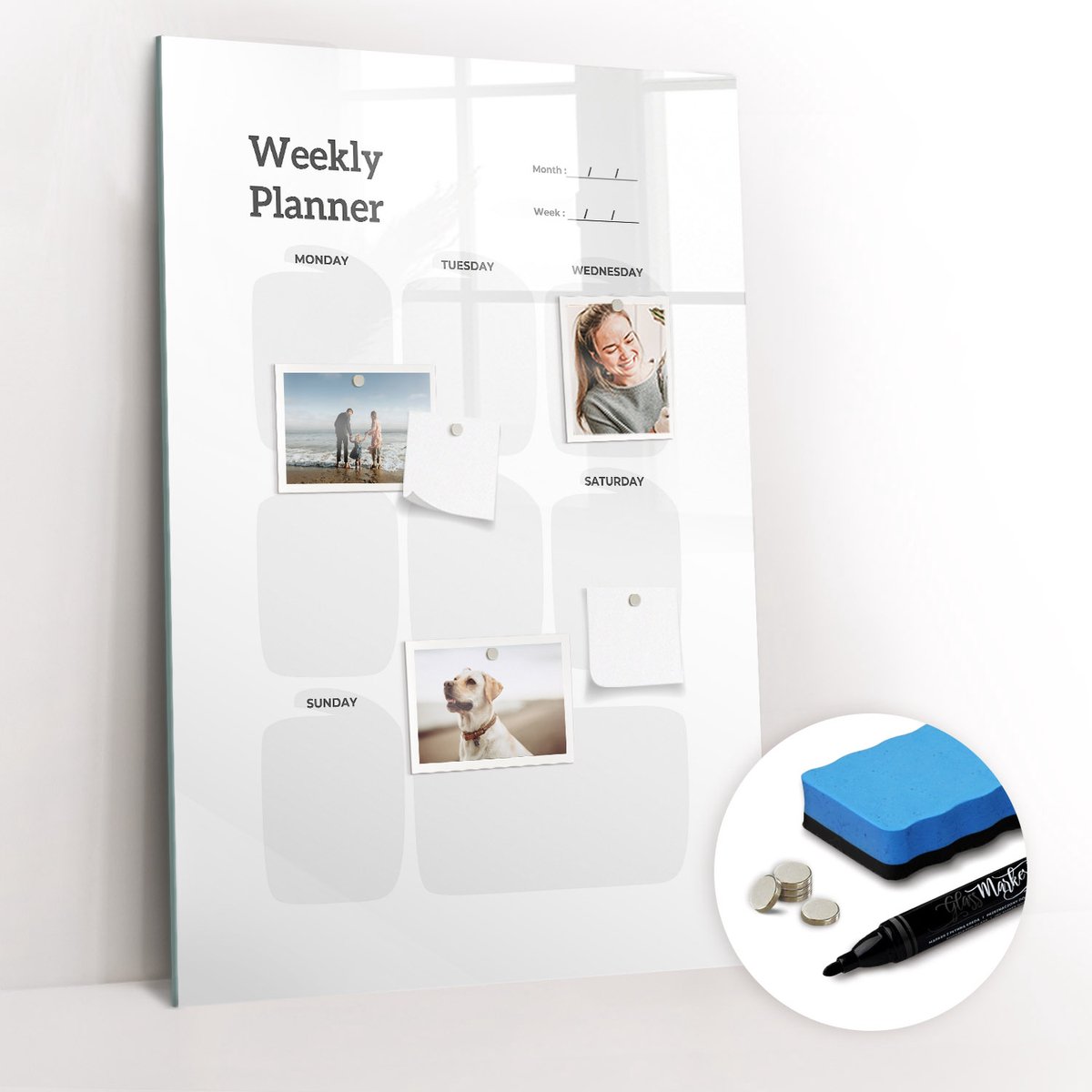 Tulup Whitebord - Weekplanner - 60 x 90 cm - Wit Magneetbord Foto - Gratis 5 Sterke Magneten + Whiteboard Marker & Wisser - Scandinavisch Design Bord - Memobord Glas - Notitiebord Werkplek