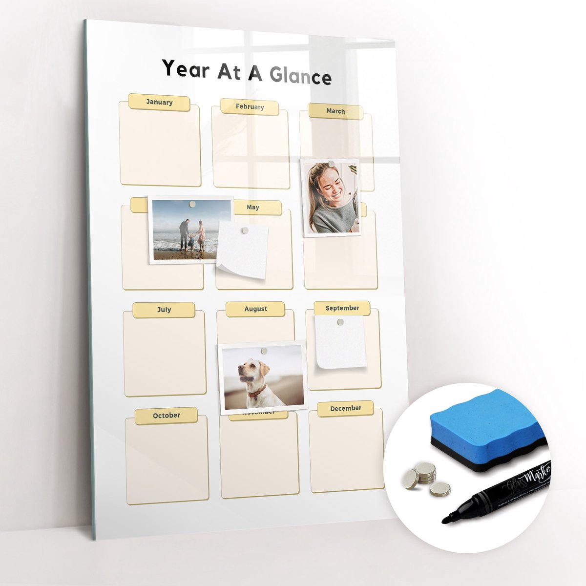 Tulup Whitebord - Jaarplanner - 60 x 90 cm - Geel Magnetic Board - Gratis 5 Sterke Magneten + Whiteboard Marker & Wisser - Moderne Wanddecoratie - Magnet Board - Notitiebord Werkplek