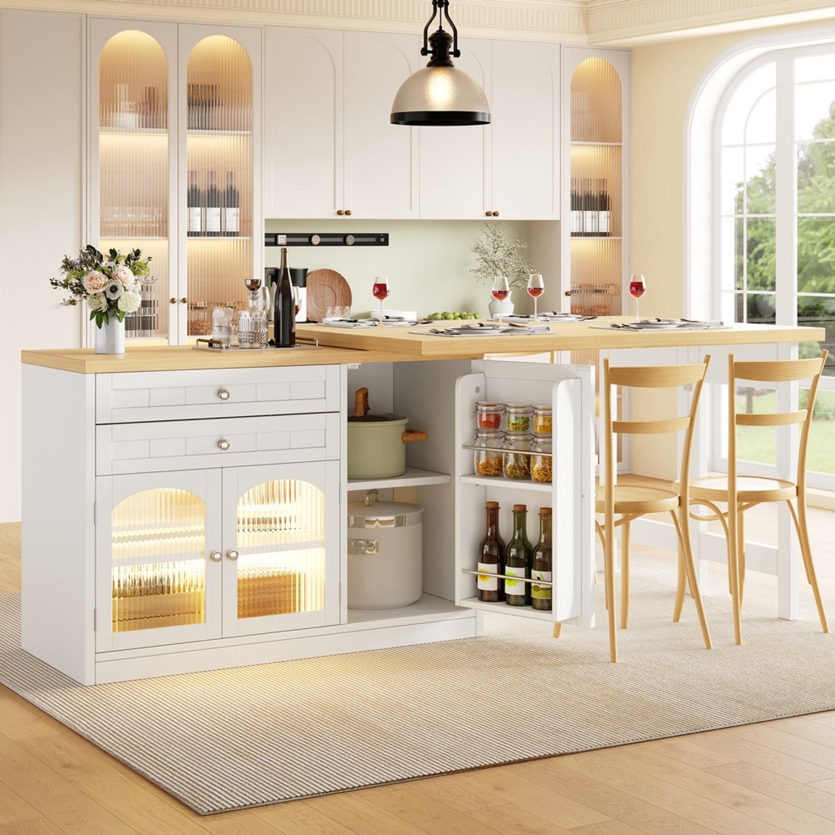 KOMHTOM Uitschuifbare Eettafel - Keukentafel 120-194 cm - 360° Draaibaar Tafelblad - Klaptafel met Glazen Deuren - Lades en Snackplanken - Ruimtebesparend - Wit - Zonder stoelen
